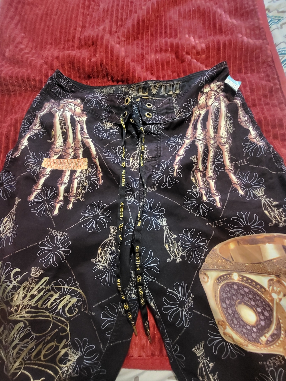 Christian Audigier Black Swim Shorts with Gold Logo Drawcords